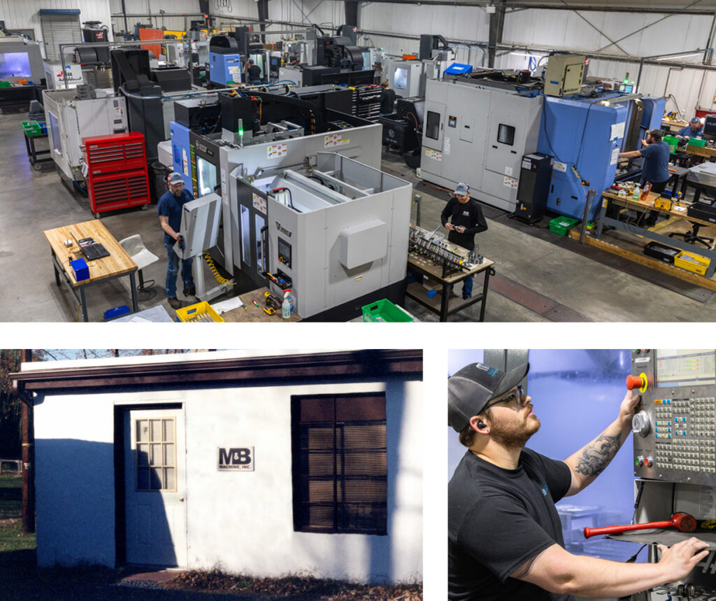 Three images showing the M&B factory floor with machines, the first building M&B started in, and a man looking at a machine control board.