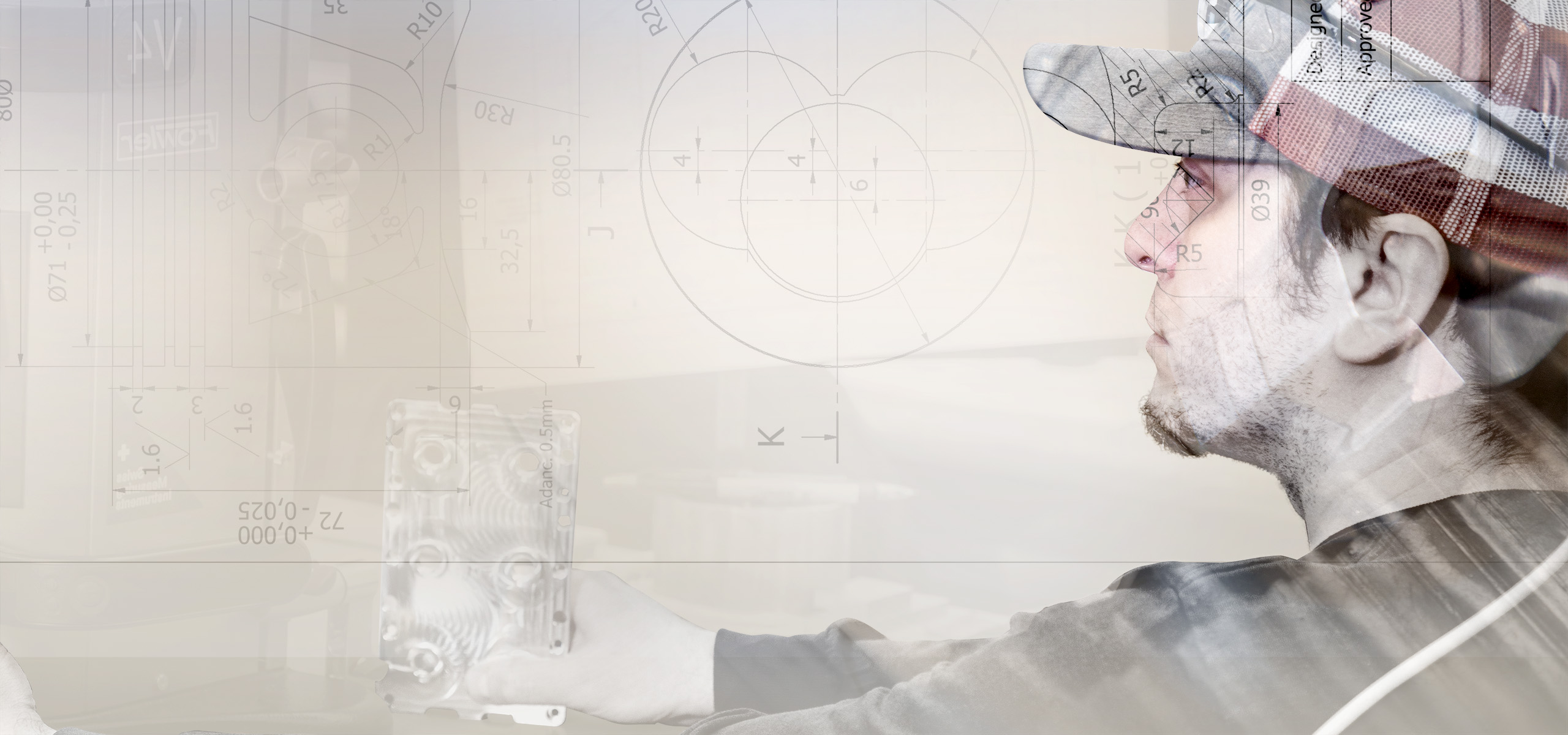 A man is looking at a small screen, wearing a cap and holding a device. There is a line drawing over the top.