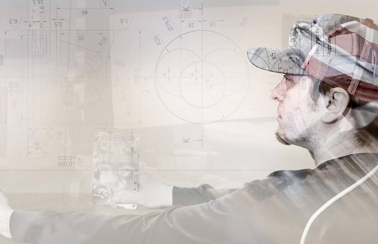 A man is looking at a small screen, wearing a cap and holding a device. There is a line drawing over the top.